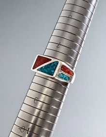 Navajo Zuni Turquoise Red Coral Geometric Inlay Sterling Ring Vintage Native American Jewelry Size 7