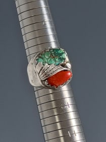 Navajo Turquoise Nugget Coral Ring in Sterling Silver Vintage Native American Jewelry Size 8 3/4
