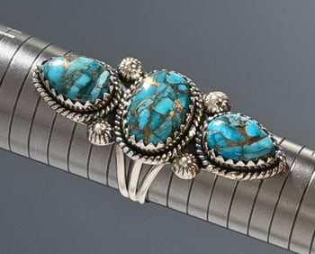 Turquoise Copper Inclusions 3 Stone Sterling Silver Ring Size 9