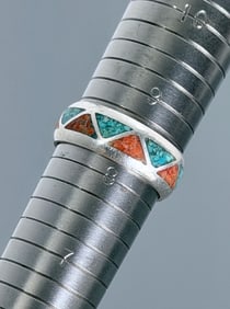Vintage Navajo Turquoise Coral Chip Inlay Native American Wedding Band Southwestern Ring Size 8 1/4