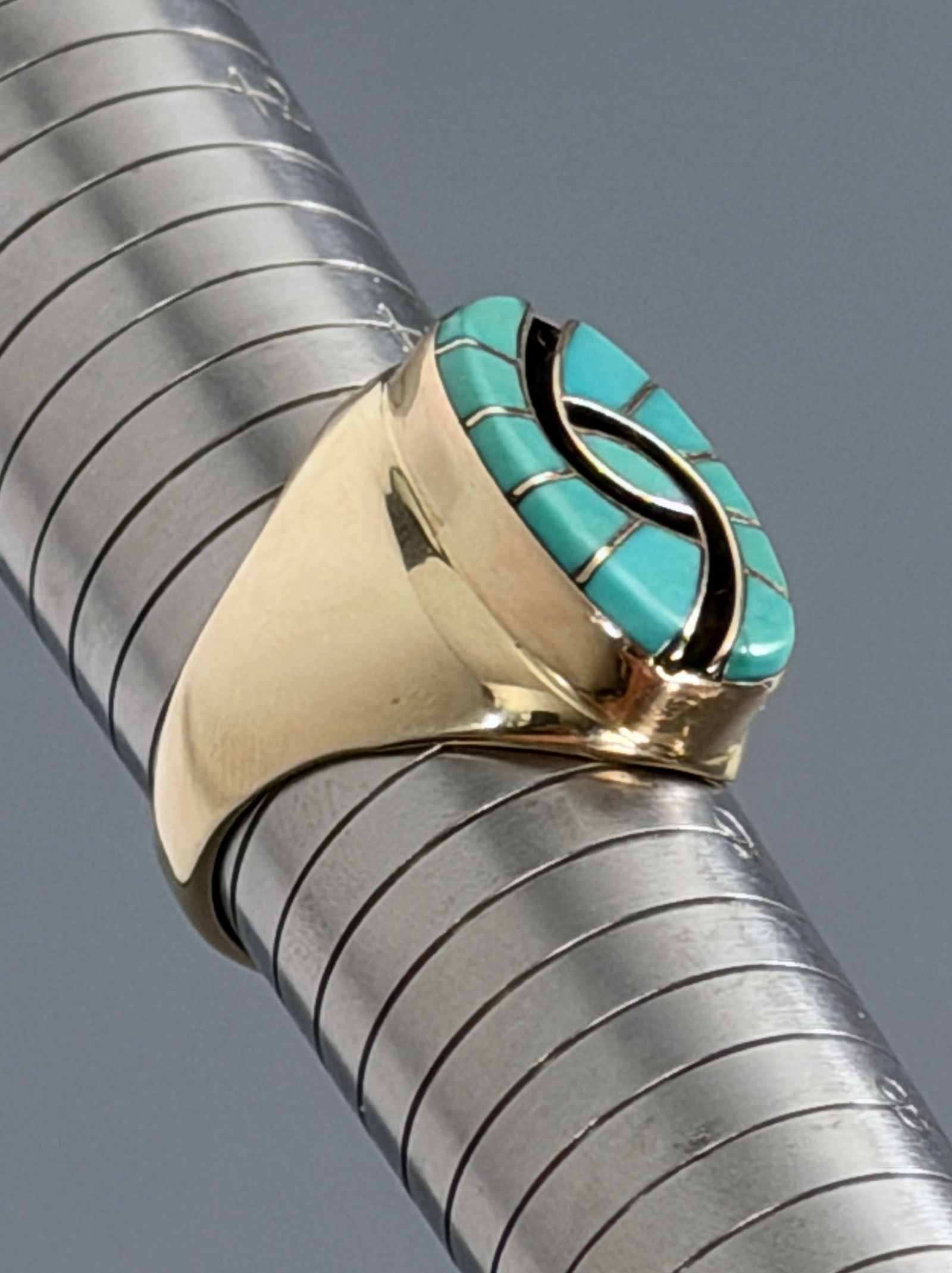 Top of Line Zuni 14K Gold Native American Silversmith Blue Turquoise Hummingbird Ring Amy Quandelacy (1 of 8)