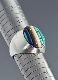 Vintage Navajo Native American Jewelry Signed Pete Sierra Lapis Lazuli Multi Stone Cobblestone Inlay