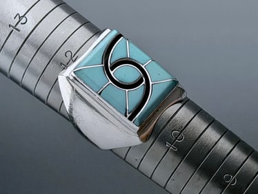 Native American Vintage Silver Silver Turquoise Large Ring Size 11 1/2 Hummingbird Design by Zuni