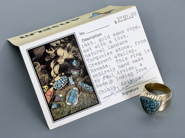 Improtant Lander Turquoise 14K Gold Ring Navajo Indian Silversmith Paul Arviso PA Hallmark Signed