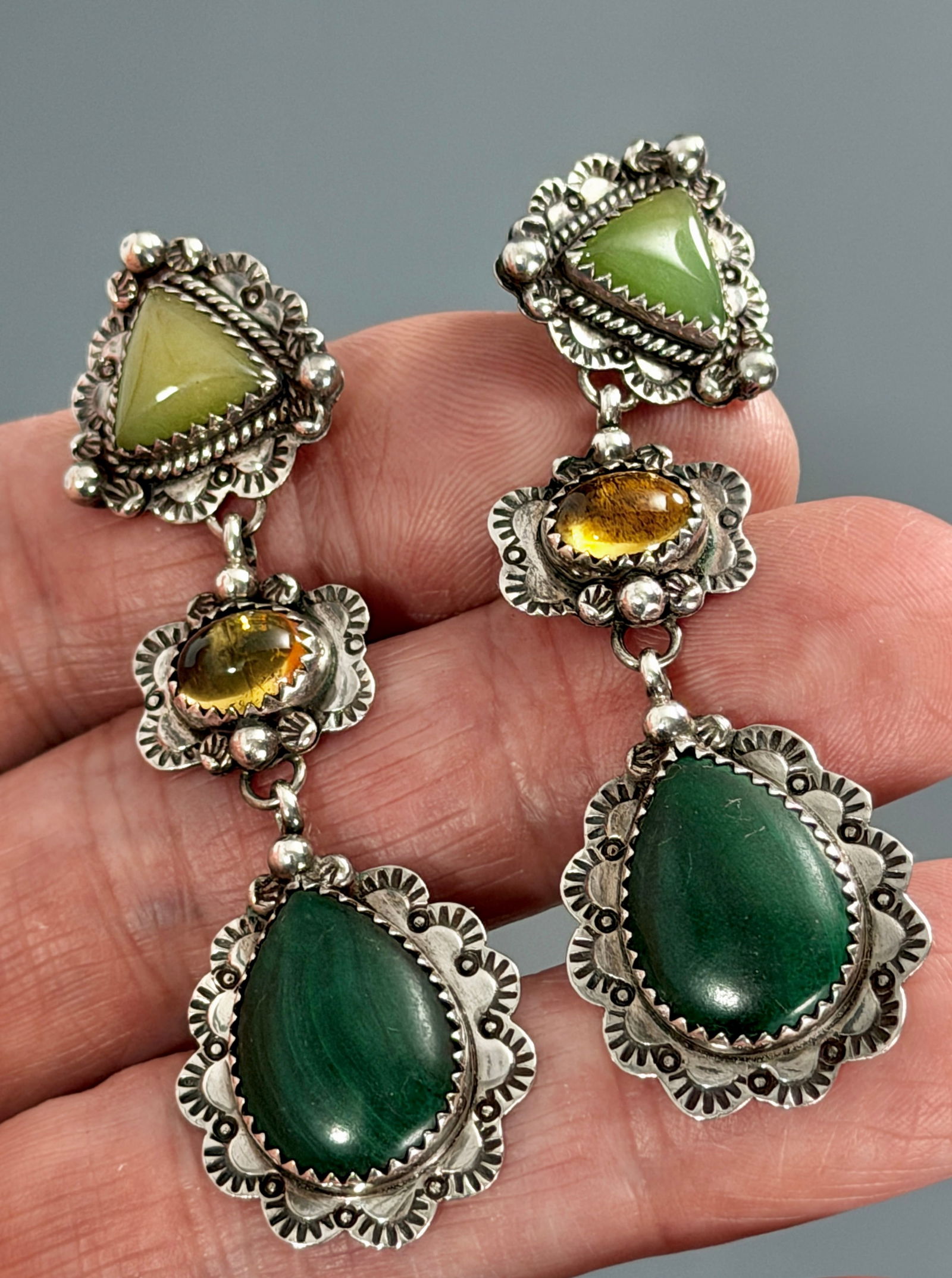 Outstanding Pair of Southwestern Zuni Navajo Native American Style Sterling Silver Dangle Earrings (1 of 5)