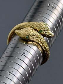 Snake Ring Genuine Stone Green Jeweled Eyes 14K Gold Plated Sterling Silver Adjustable Size