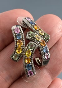 Pair of Sterling Silver Earrings Jeweled With Multi Colored Oval Cut Gemstones Marked 925
