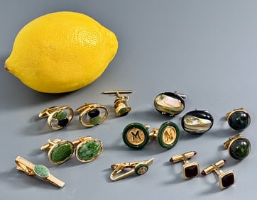Vintage Cufflinks Green Stone Mother of Pearl Monogram etc. As Pictured Lot of 6 Pairs
