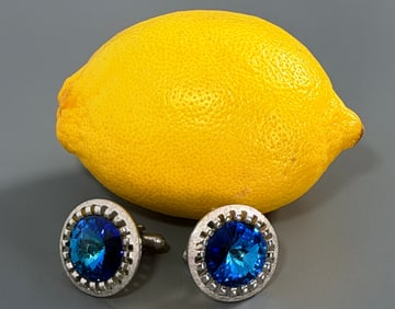 Large Funky Cufflinks Full of Fire Blue Faceted Glass Stone Mid Century Modern Design Mans Jewelry