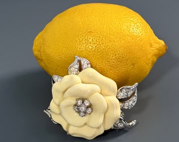 Nolan Miller Rhinestone Jeweled Ivory Lucite Flower Brooch Vintage Costume Jewelry