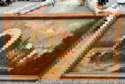 Western Mural Ina Coolbirth Large Oil on Canvas Wagon Painting Pioneers Indians Painted by A. Sondac