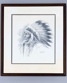Bill Hampton American Artist 1925 -1977 Indian Chief Head Original Black Crayon Work on Paper Signed