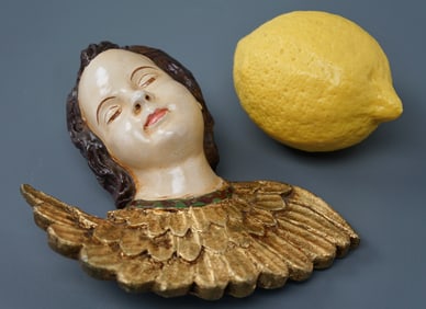 Antique Italian Cherub Carved Wood Polychrome Painted Angel Seraphim Head Wall Plaque