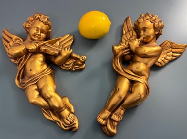 Vintage Mid Century Christmas Decor Musical Angels Gold Chalkware Wall Plaques