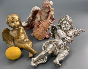 Vintage Mid Century European Christmas Decor Angels Including Silver Leaf Violin Musician Seated