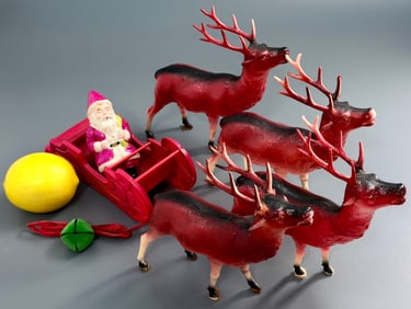Celluloid Santa Claus Sleigh Raindeers Japan c.1930 Lot of Vintage Christmas Decor Sold As Pictured
