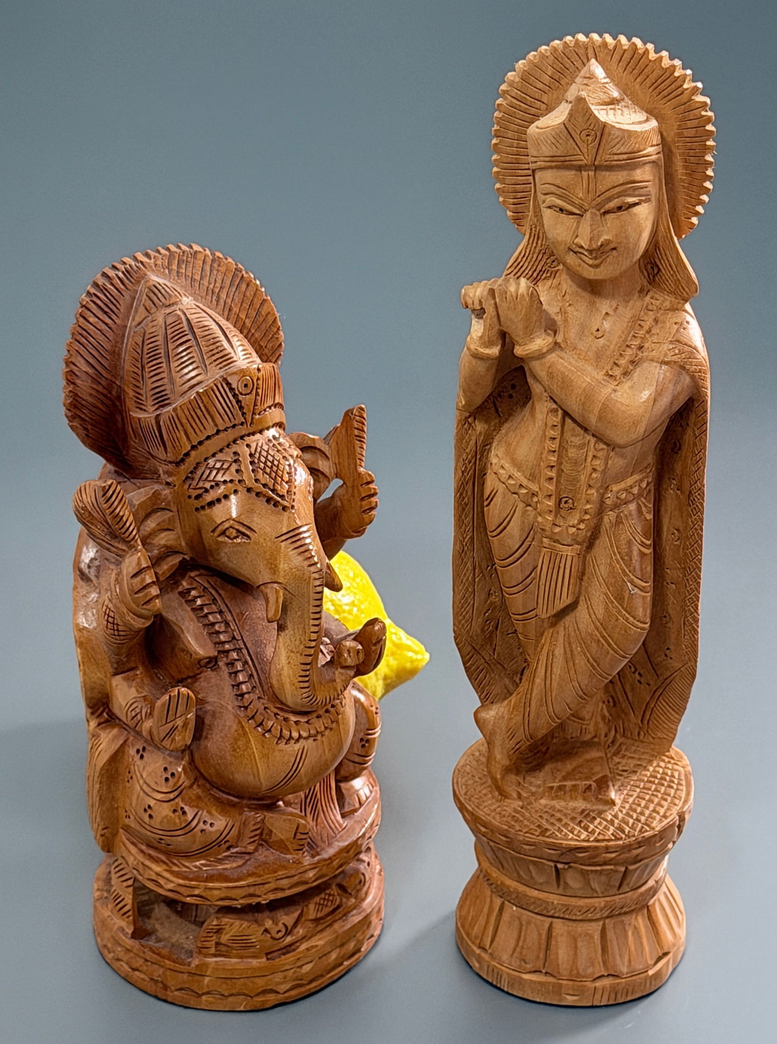 Lord Ganesha Hindu Elephant Deity & Lord Krishna Carved Teak Wood Buddhist Altar Figurines Lot of 2 (1 of 5)