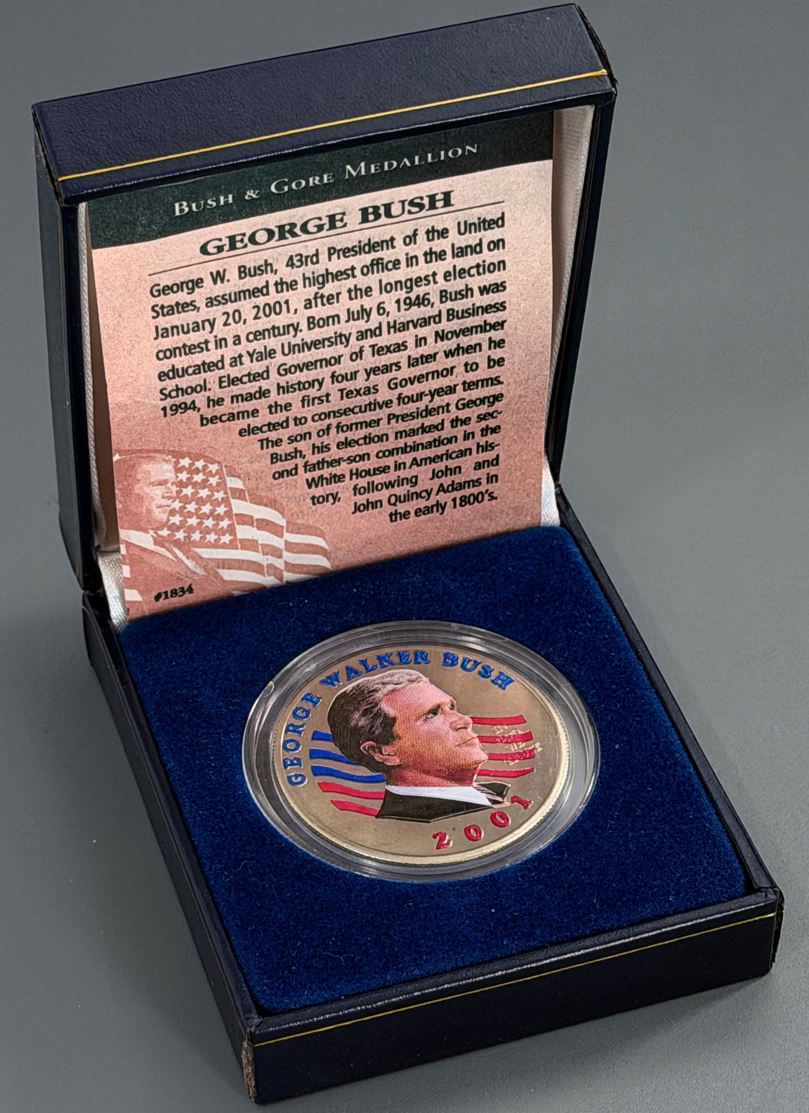 Political Collectible Coin George W. Bush Al Gore 2001 Election Commemorative Token Presidential: Political Collectible Coin George W. Bush Al Gore 2001 Election Commemorative Token Presidential Inauguration Dual Sided Medallion in Original Display Box The medallion is approximately 1 1/2 inches i