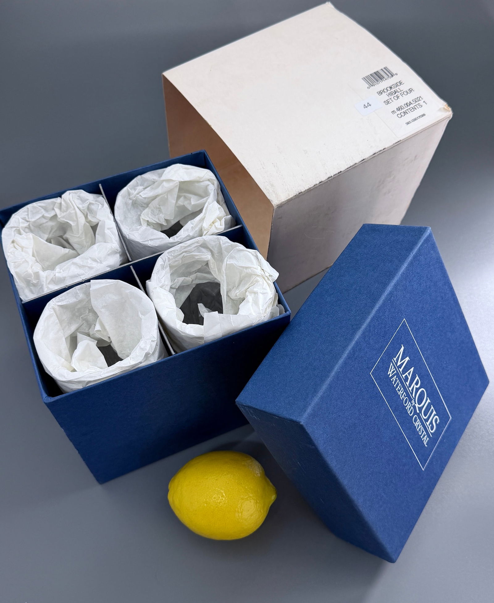 Marquis by Waterford Crystal Hiball Glasses Brookside Pattern Boxed Set of 4: Marquis by Waterford Crystal Hiball Glasses Brookside Pattern Boxed Set of 4 Approximately 6 inches tall.