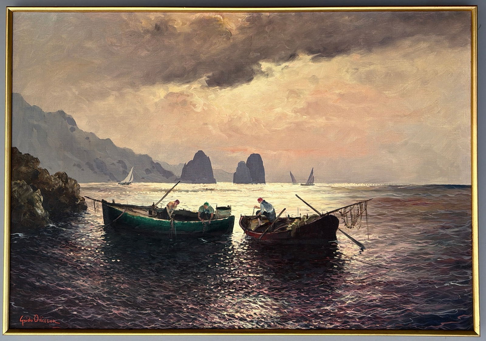 Guido Odierna 1913-1991 Italian Mid 20 Century Oil Painting on Canvas Fisherman Boats Capri Seascape: Guido Odierna 1913-1991 Italian Mid 20 Century Oil Painting on Canvas Fisherman Boats Capri Seascape Artist Signed Framed into the Gold Wooden Frame Measures approximately 27 3/4 x 39 3/4 inches
