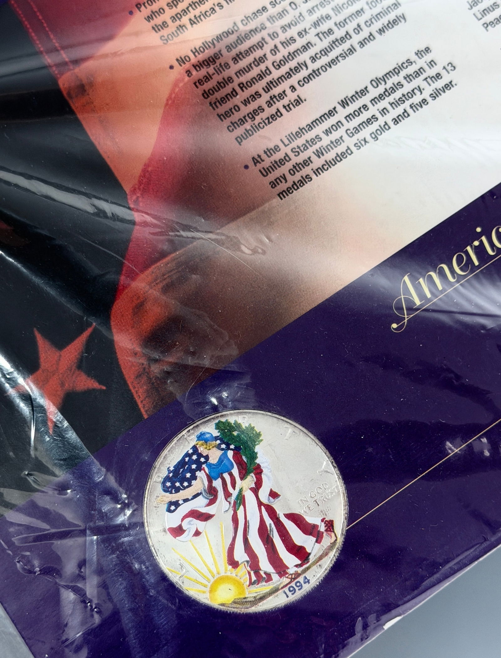 Official Silver Bullion Coin of the United States 1994 American Eagle Silver Dollar Walking Liberty: Official Silver Bullion Coin of the United States 1994 American Eagle Silver Dollar Walking Liberty in Original Packaging 1 oz. 99.93% Fine Silver Net Weight 40.6 mm in diameter