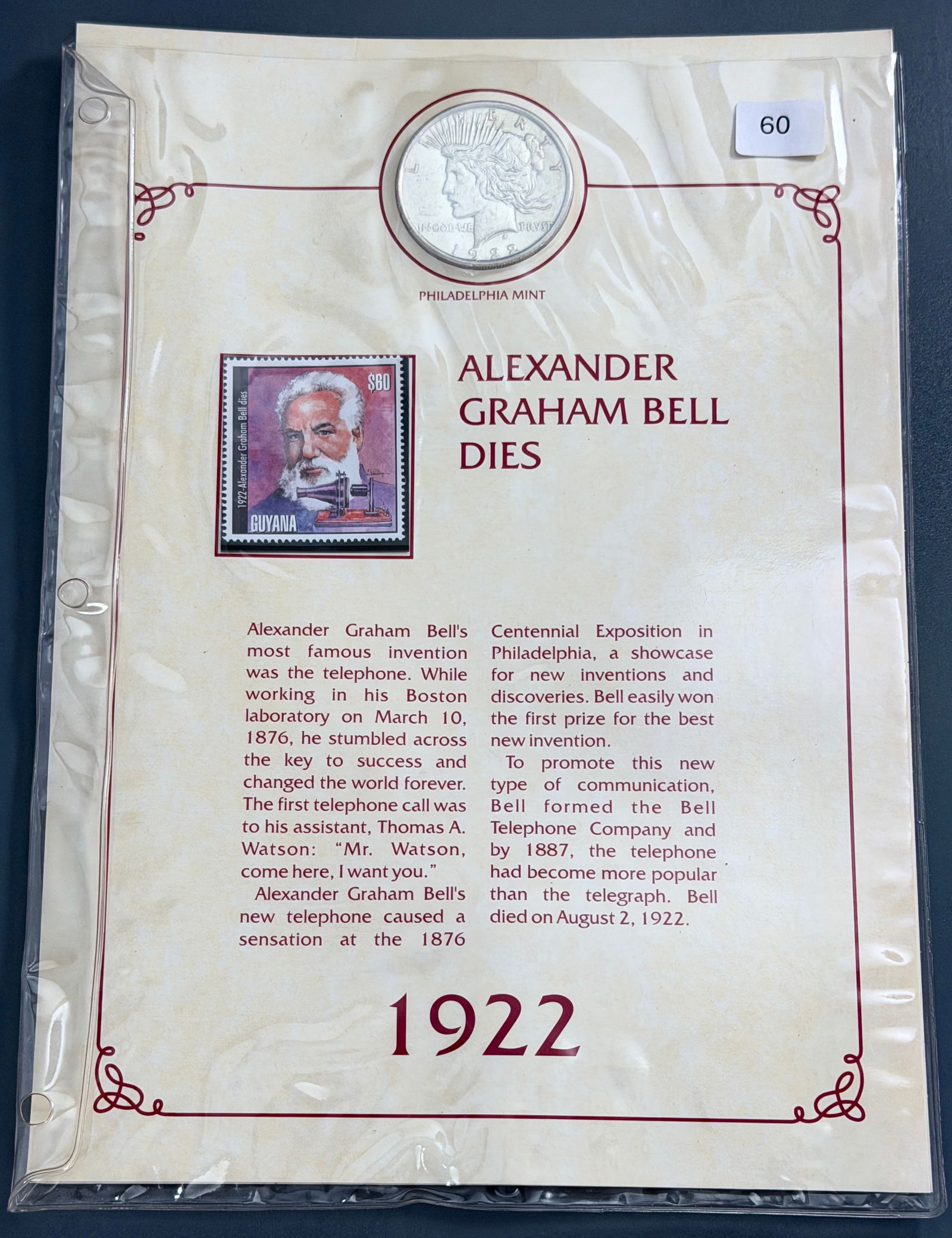 1922 Philadelphia Mint Peace Silver Dollar & $60 Value Guyana Stamp Honoring Alexander Graham Bell: 1922 Philadelphia Mint Peace Silver Dollar & $60 Value Guyana Stamp Honoring Alexander Graham Bell
