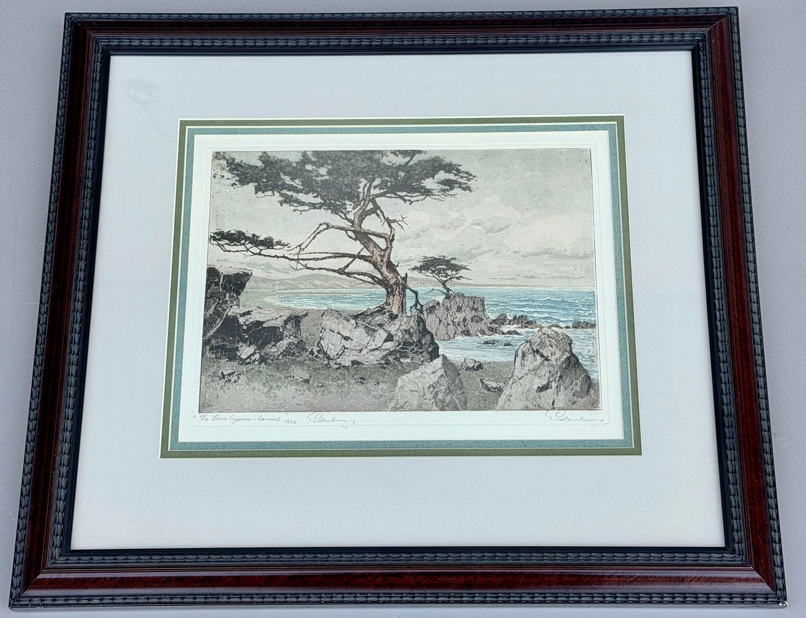 Josef Eidenberger Austrian 1899-1991 Hand Colored Etching 17 Mile Drive Witch Tree Carmel by the Sea: Josef Eidenberger Austrian 1899-1991 Hand Colored Etching 17 Mile Drive Witch Tree Carmel by the Sea or Monterey Cypress Framed Engraving Signed in Pencil by the Artist depicting a cypress tree on