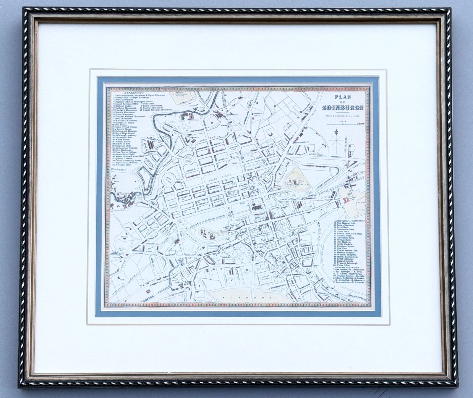 Framed Hand Colored Map Plan of Edinburgh Scotland Possibly Published by Chapman and Hall in 1834 (1 of 7)
