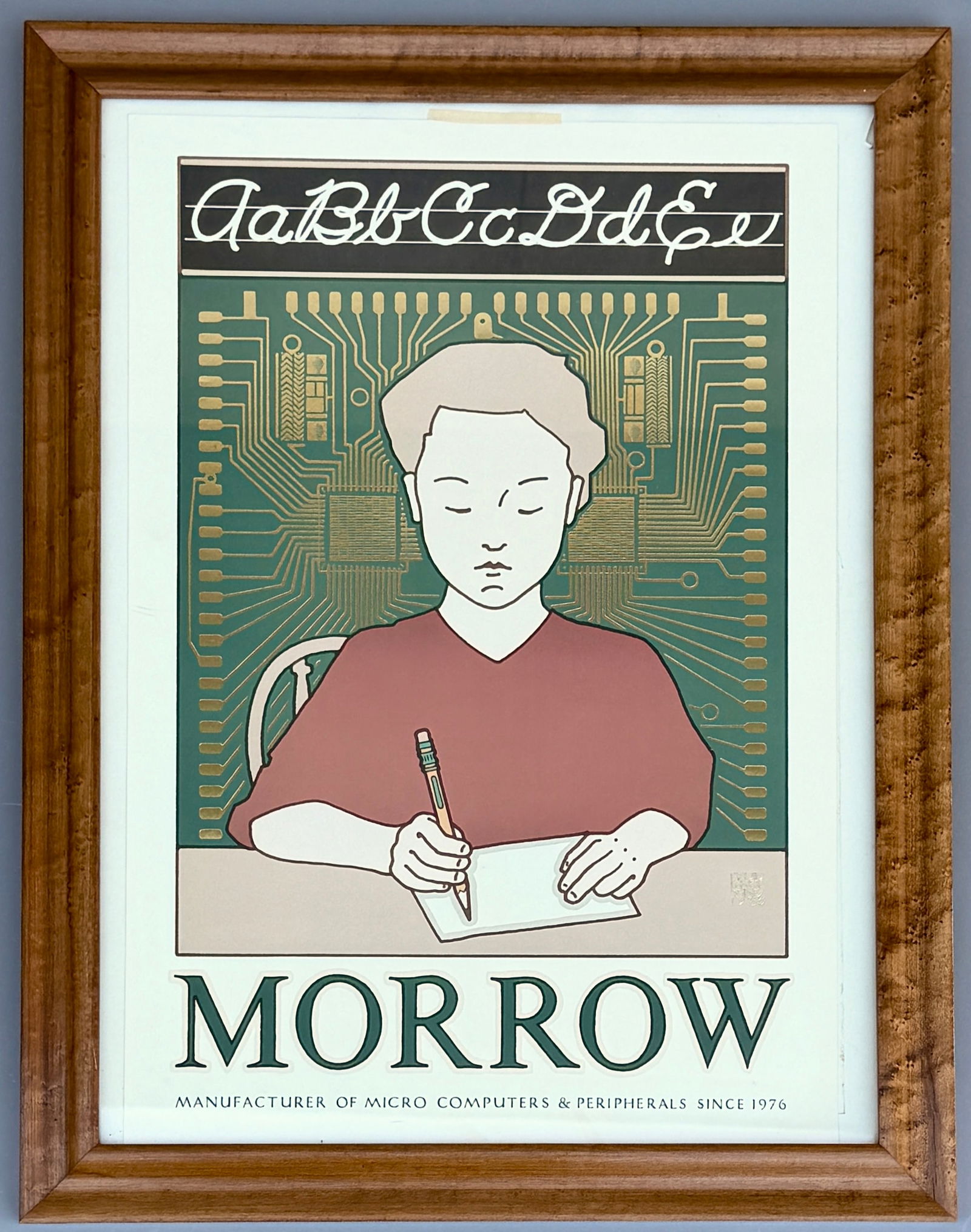 Original Vintage Gold Foil Morrow Poster by David Lance Goines from Berkeley California advertises: Original Vintage Gold Foil Morrow Poster by David Lance Goines from Berkeley California advertises manufacturer of microcomputers and peripherals. Poster created by artist David Lance Goines in 1983.