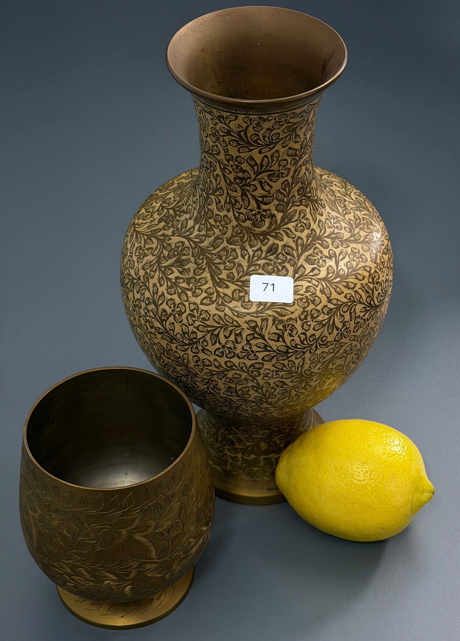 Carved Engraved Brass Vase & Vase with Enamel Background Lot of 2 Made in India (1 of 4)