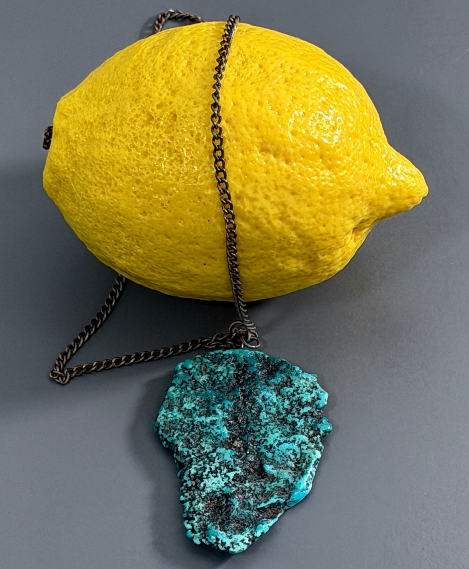 Old Native American Raw Turquoise Pendant Necklace Rugged Natural Shape Host Rock Metal Grains: Old Native American Raw Turquoise Pendant Necklace Rugged Natural Shape Host Rock Metal Grains Speckled Stone Attached to a Chain