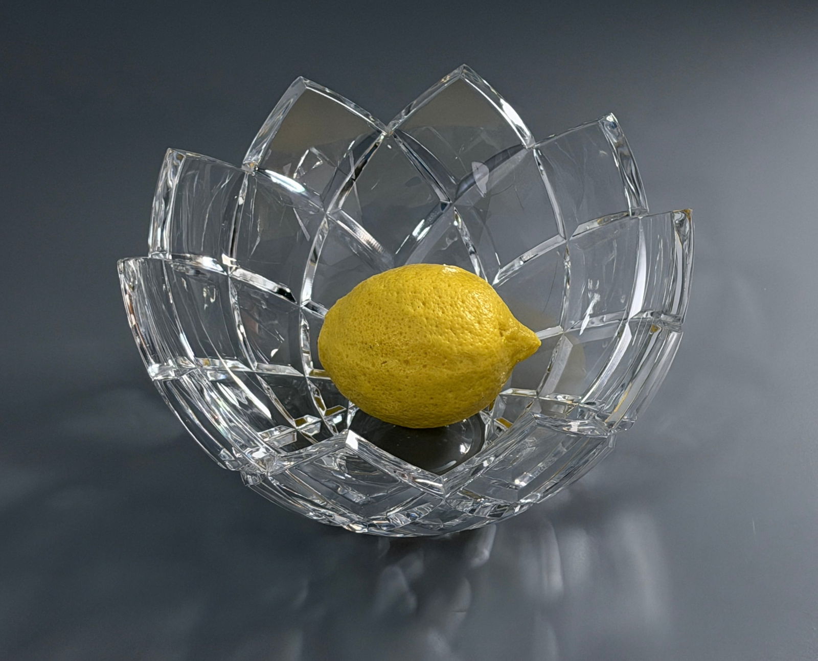 Clear Crystal Lotus Bowl Vintage Glassware: Clear Crystal Lotus Bowl Vintage Glassware Approximately 4 inches tall x 8 inches in diameter.