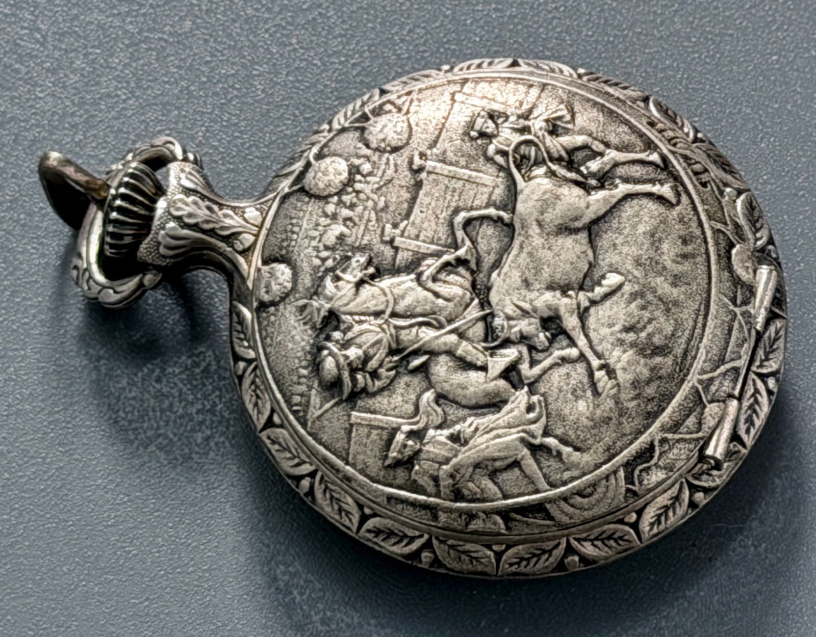 Swiss Pocket Watch Embossed Hunter Case Depicting Corrida Toreador Bull Spain Themed Ornate Reverse (1 of 3)