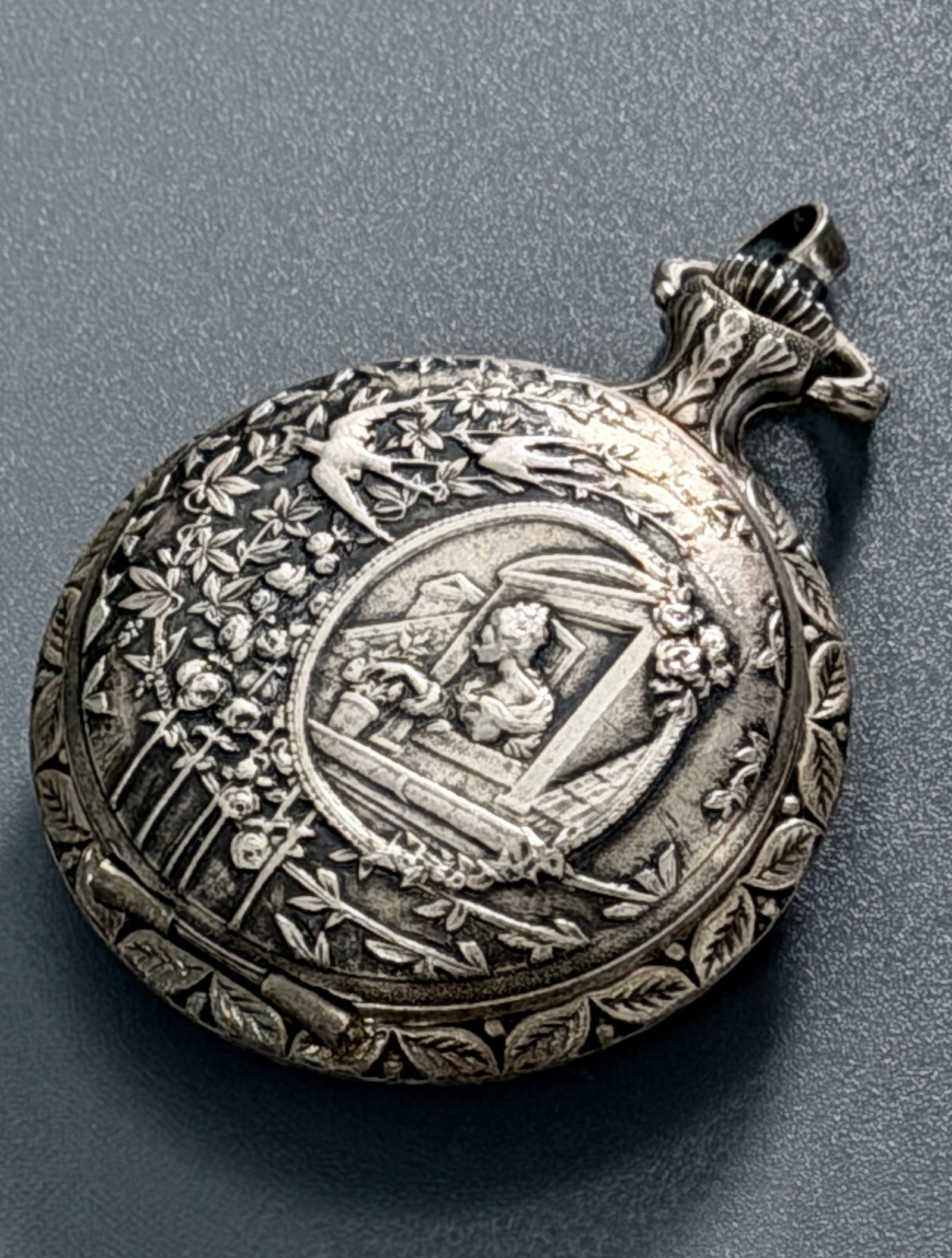 Ornate Hunter Case Pocket Watch Lady in Window and Bird Romantic Scene Mechanical Incabloc Shock (1 of 4)