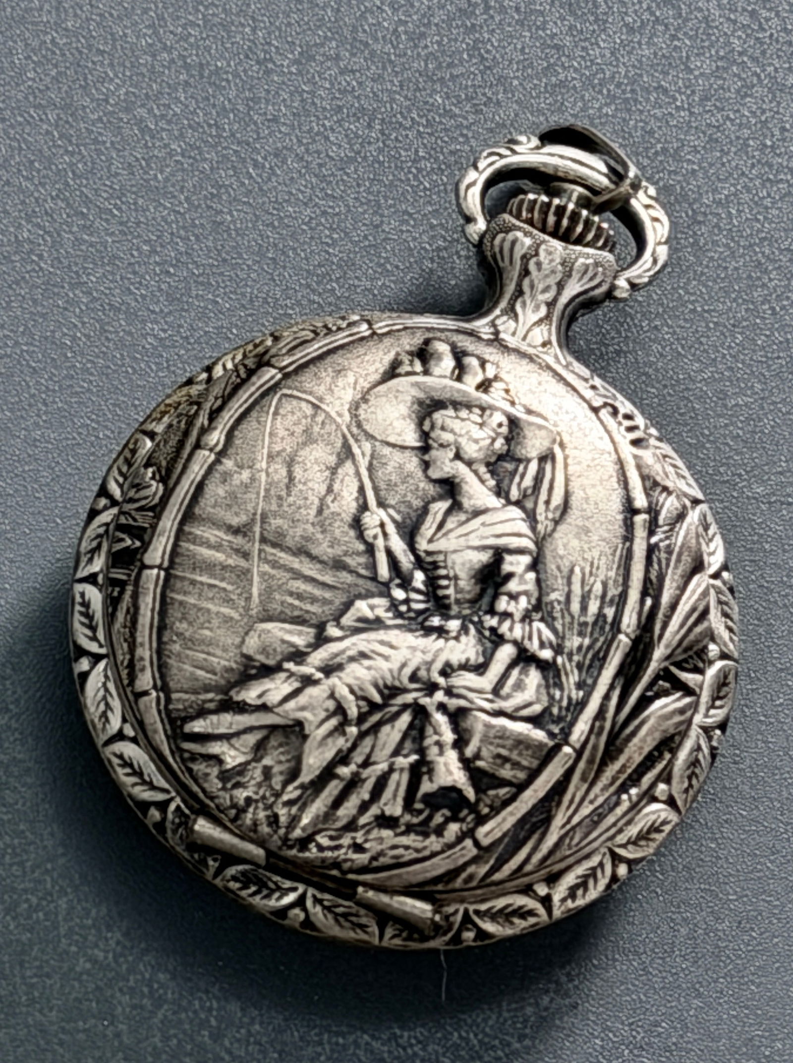 Swiss Pocket Watch Fishing Lady Art Nouveau Embossed Hunter Case Quality Made Mechanical Wind Up (1 of 4)