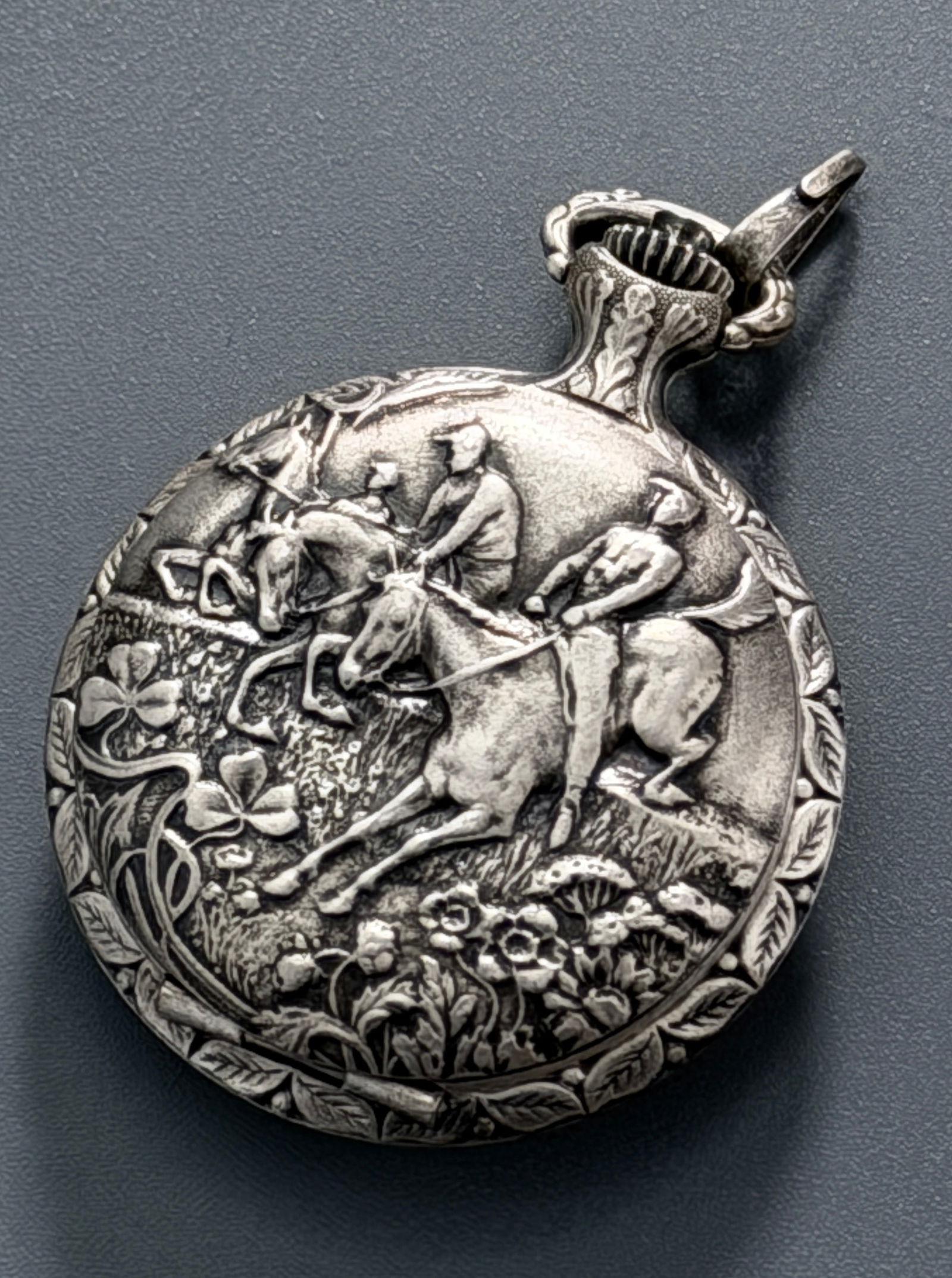 Horse Racing Hunting Case Pocket Watch Figural Swiss Derby Bounce Pictorial Ornate Pocket Watch with (1 of 4)