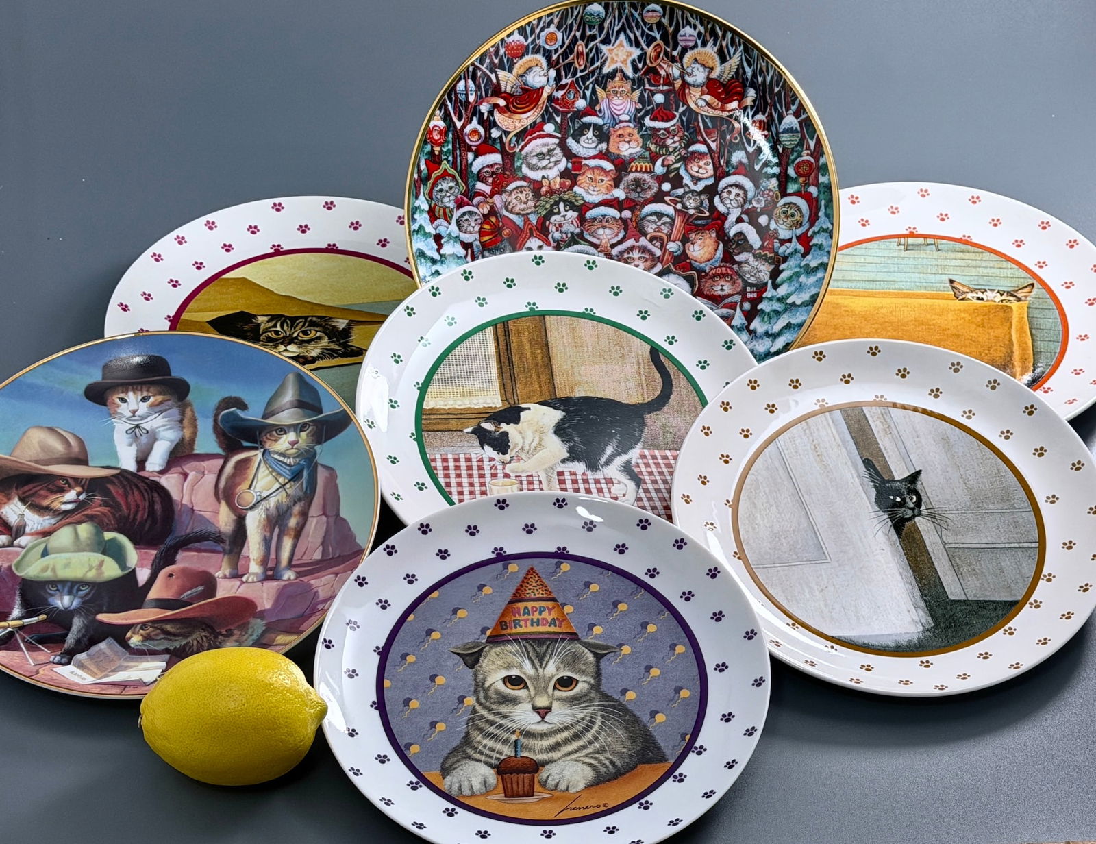 Cat Lovers Porcelain Plates Lot of 7 Including Herrero Collection Vandor Lowell c 1880s (1 of 7)