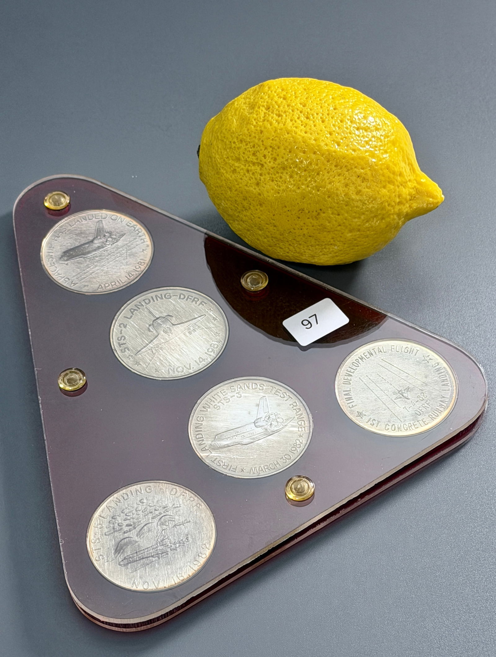 The New Era Of Space Exploration Franklin Mint Set of Five Silver Medals in Triangular Display Case: The New Era Of Space Exploration Franklin Mint Set of Five Silver Medals in Triangular Display Case American Space Flights Vintage 80-s Sealed Tarnished Sterling Silver Coins Space Shuttle Challenger