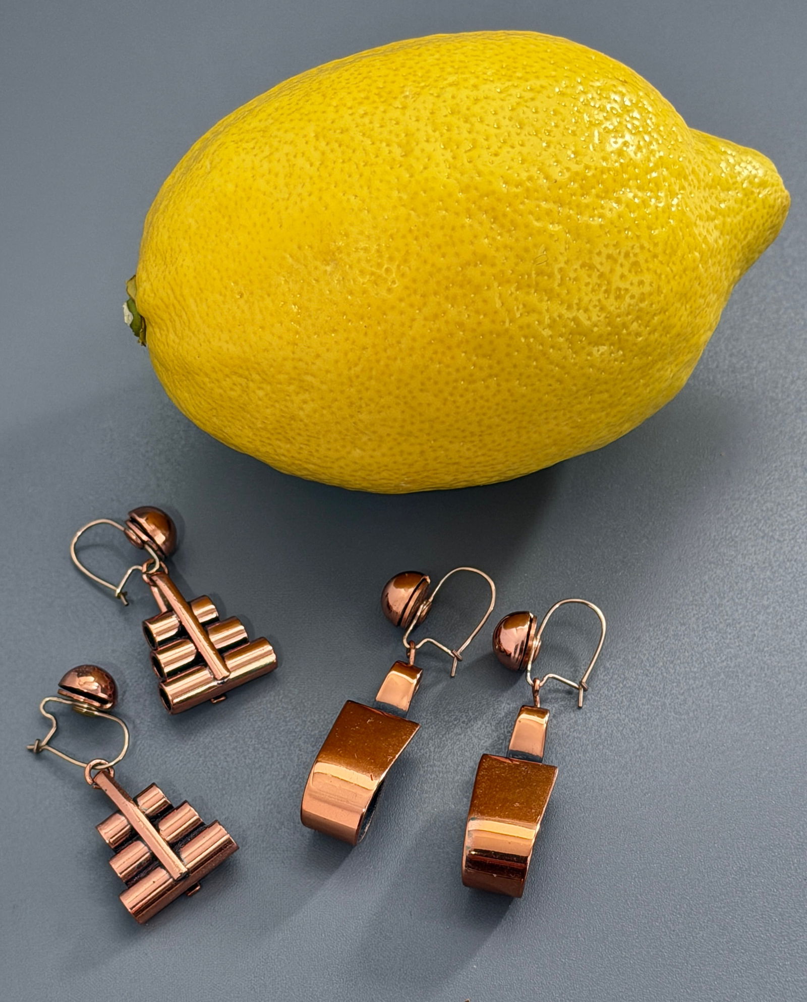 Renoir Abstract Geometric Copper Dangles Modernist Dangle Drop Earrings Unique Mid Century Modern: Renoir Abstract Geometric Copper Dangles Modernist Dangle Drop Earrings Unique Mid Century Modern Costume Art Deco Style Jewelry Produced by Renoir of California 1946 - 1964 Two Pairs The copper secti