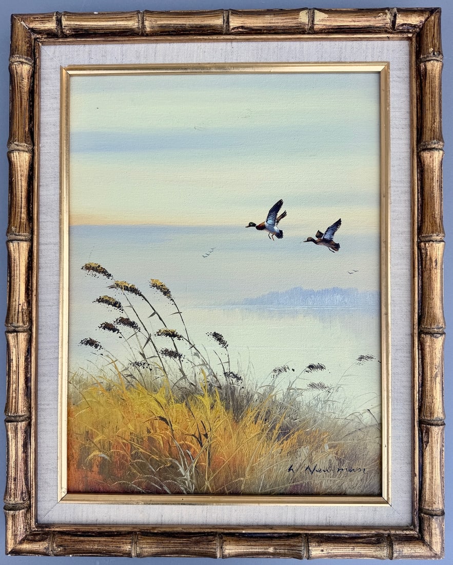 W. Newman Mallard Ducks in Flight Artist Signed Framed Original Oil Painting on Canvas (1 of 3)