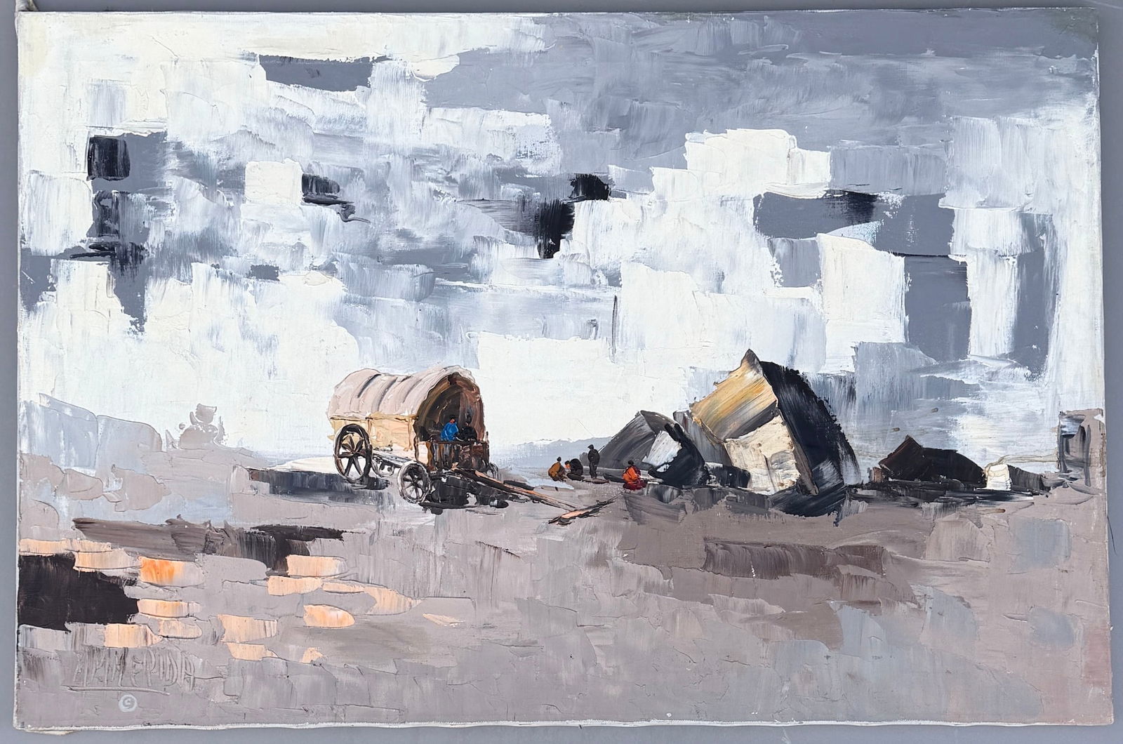 Mid Century Modern Art Bold Expressionistic Impasto Abstract Landscape Painting in Shades of Grey: Mid Century Modern Art Bold Expressionistic Impasto Abstract Landscape Painting in Shades of Grey Artist Signed Approximately 24 x 36 inches.