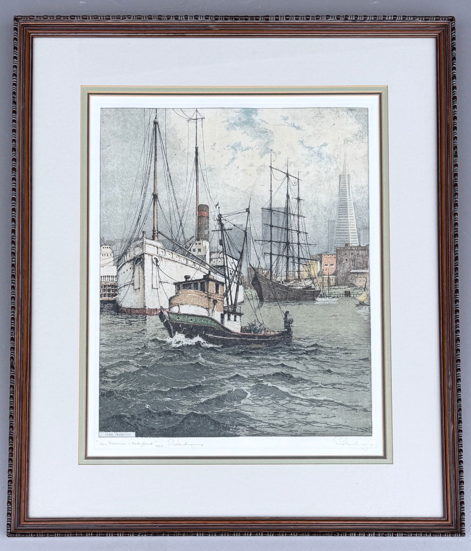 San Francisco Waterfront Nicely Framed Pencil Signed Color Etching by Austrian Artist Josef: San Francisco Waterfront Nicely Framed Pencil Signed Color Etching by Austrian Artist Josef Eidenberger 1899-1991 Harbor Scene Fisherman s Wharf Created in the 1970s after US visit. Actual image