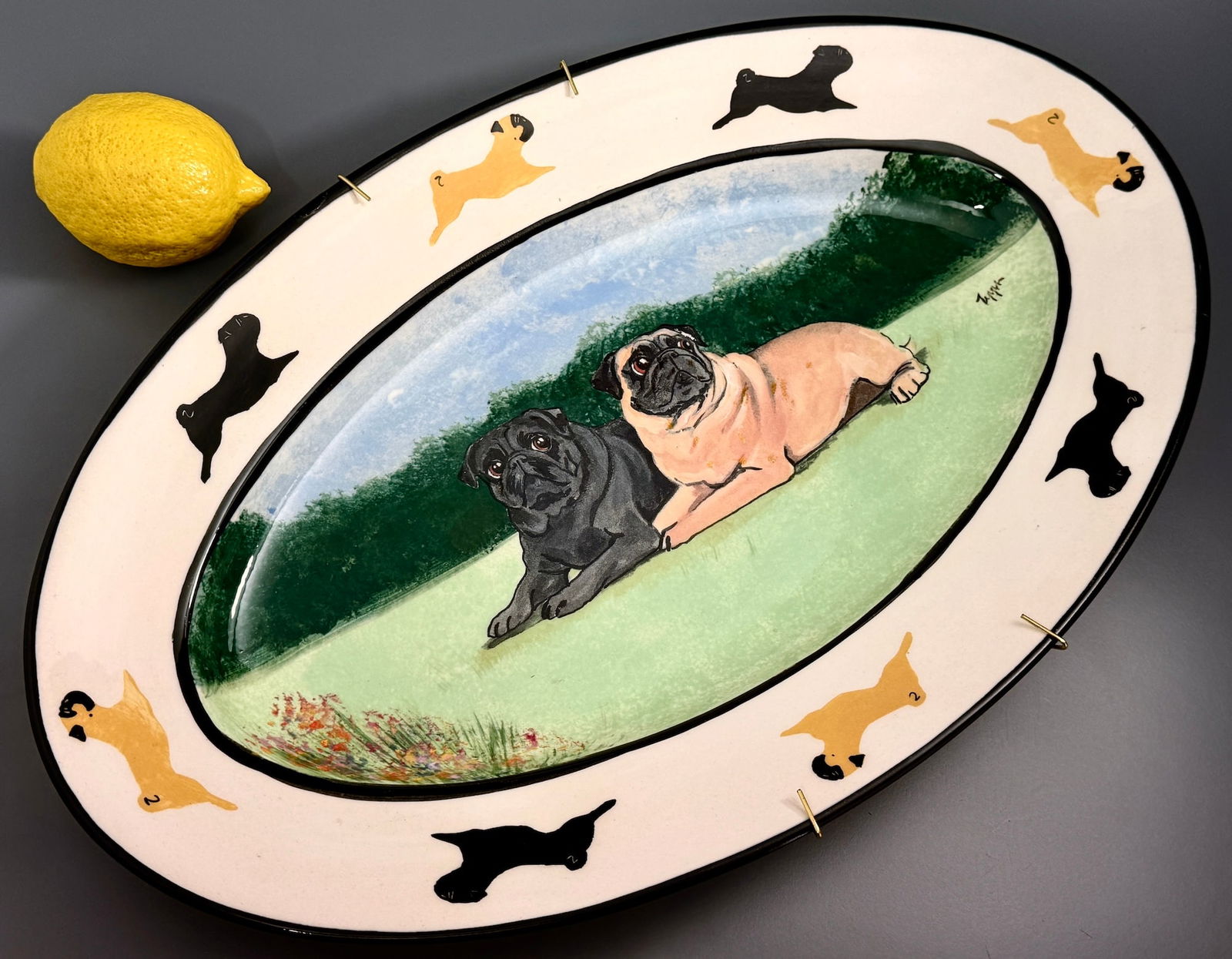 Zeppa Studios Pugs Earthenware Dog Platter Hand Painted by M. K. Zeppa and Signed by Artist (1 of 5)