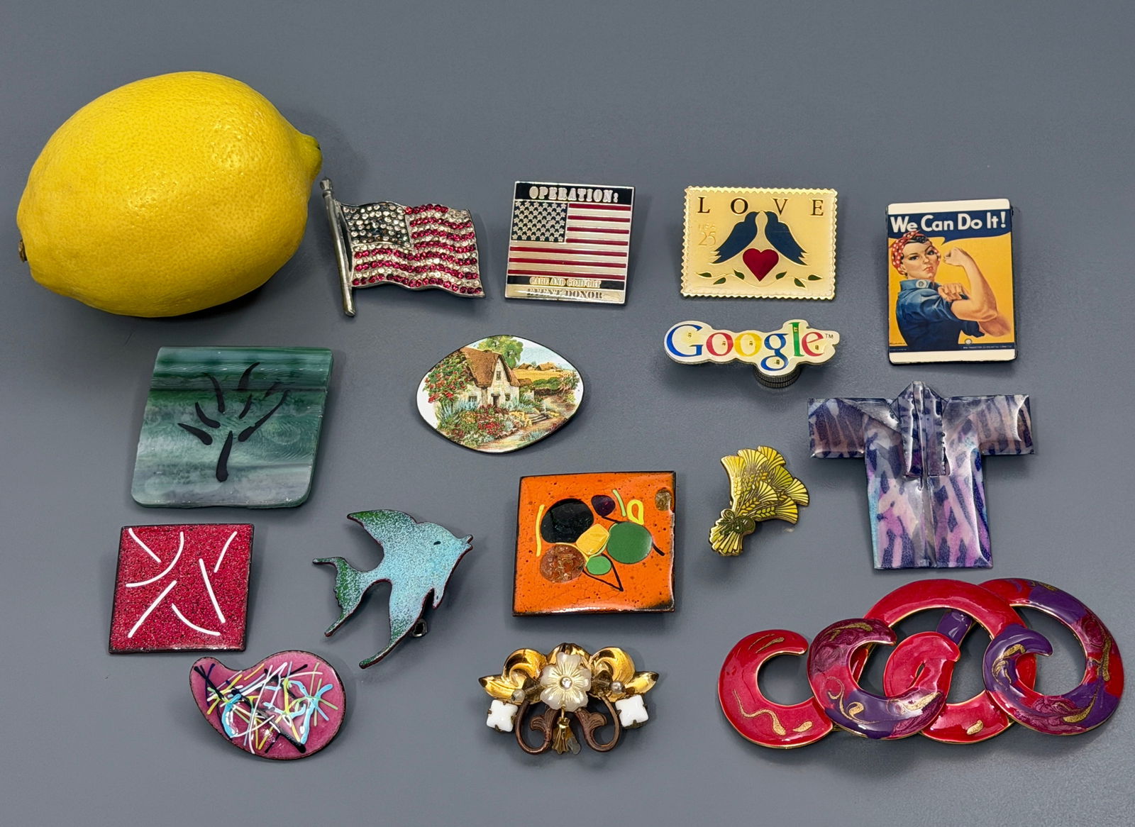 Mid Century Abstract Enamel Brooches Patriotic Pins etc Lot of 15 Items as Pictured: Mid Century Abstract Enamel Brooches Patriotic Pins etc Lot of 15 Items as Pictured