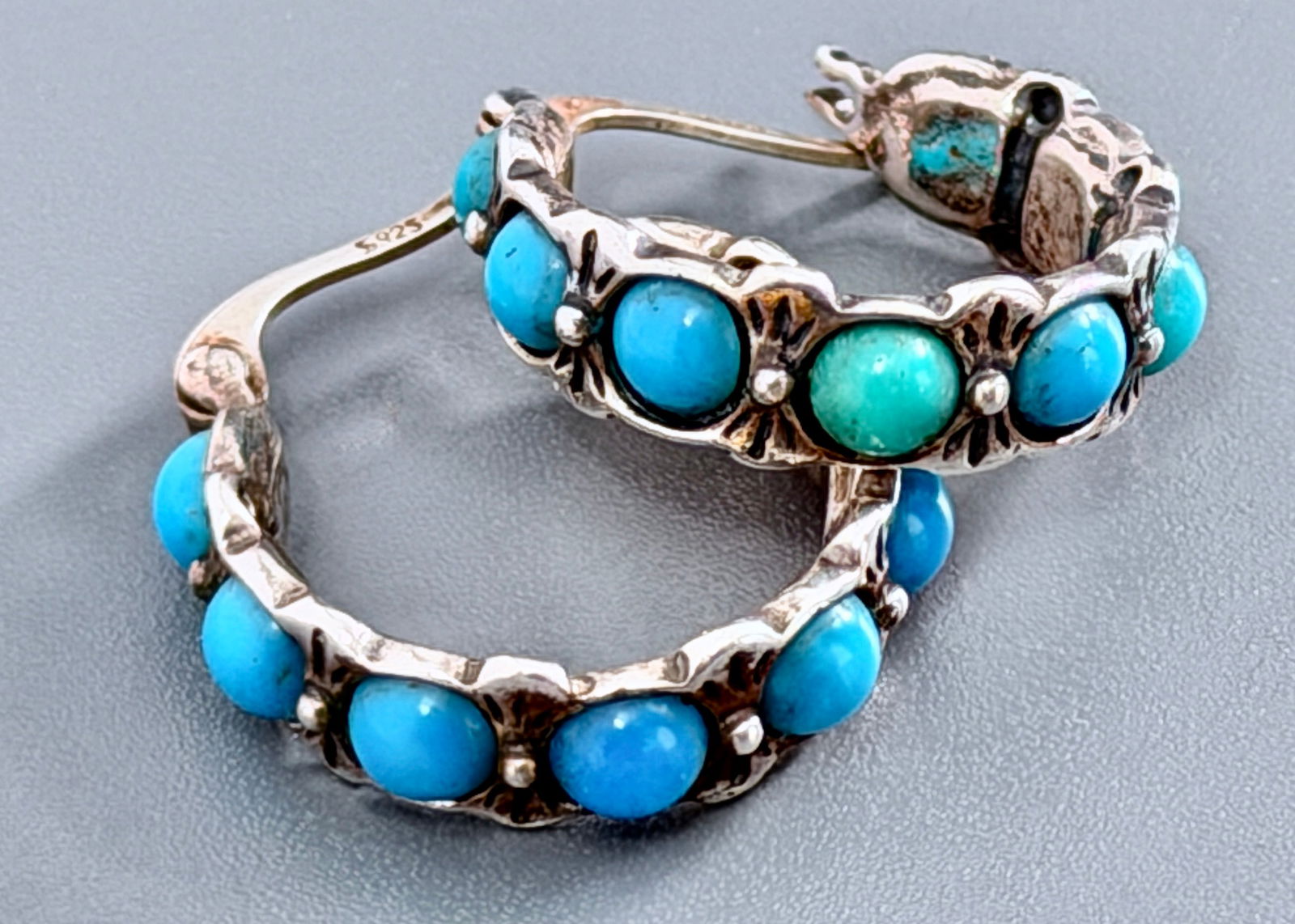 Cabochon Turquoise Sterling Silver Southwestern Style Hoop Earrings with Hinged Closure (1 of 7)