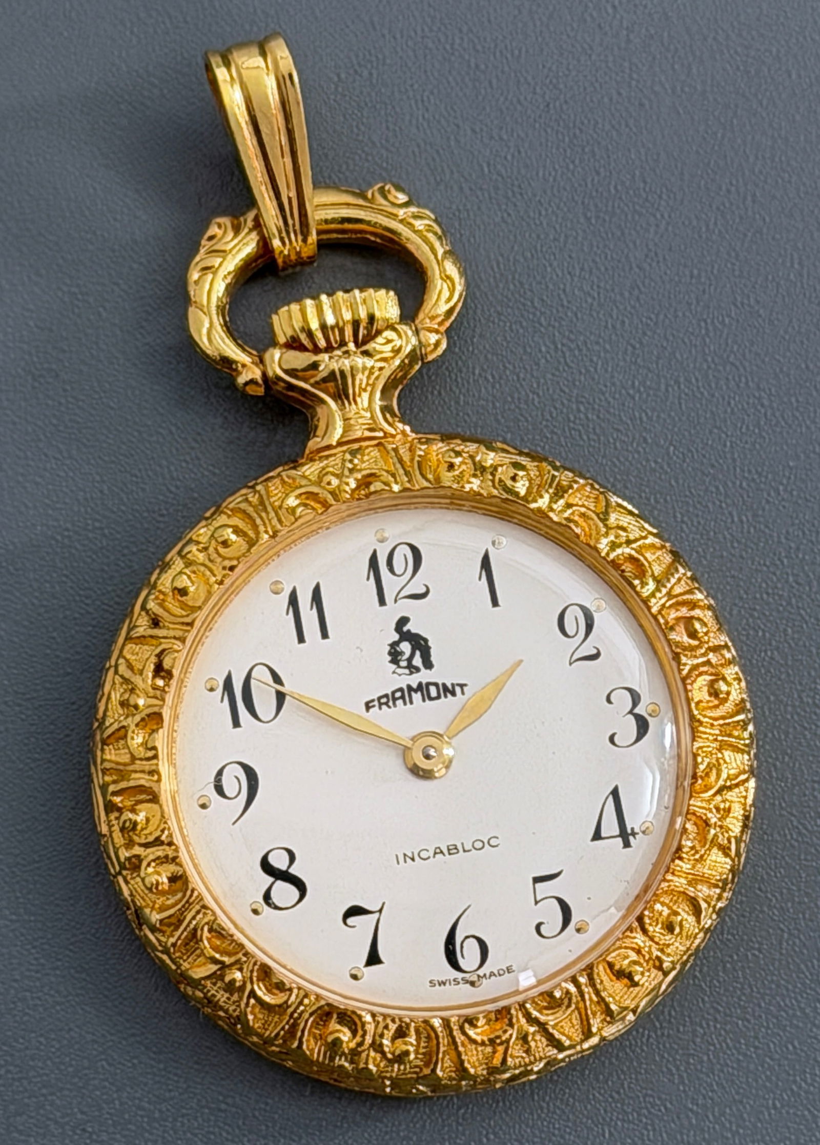 Open Face Swiss Watch Gold Tone Case Mechanical Wind Up Movement Framont Incabloc Pendant Watch: Open Face Swiss Watch Gold Tone Case Mechanical Wind Up Movement Framont Incabloc Pendant Watch