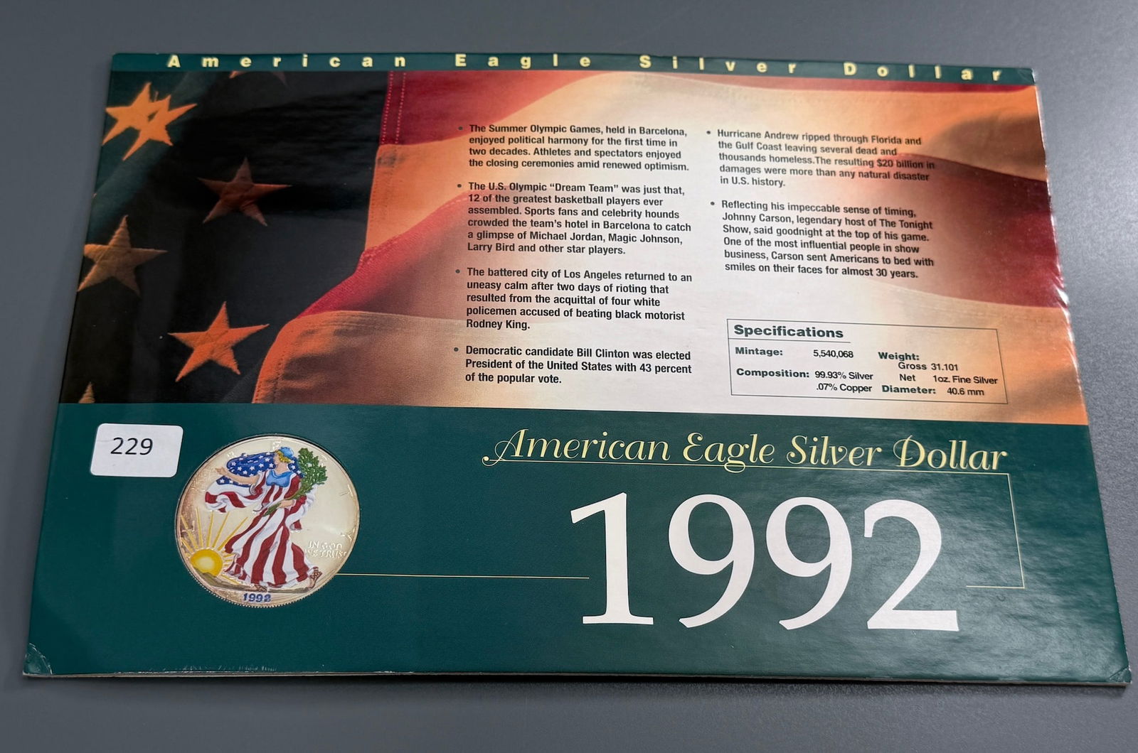 American Eagle Bullion 99,93 Silver Coin 1992 One Oz. Fine Silver in Original Card (1 of 4)