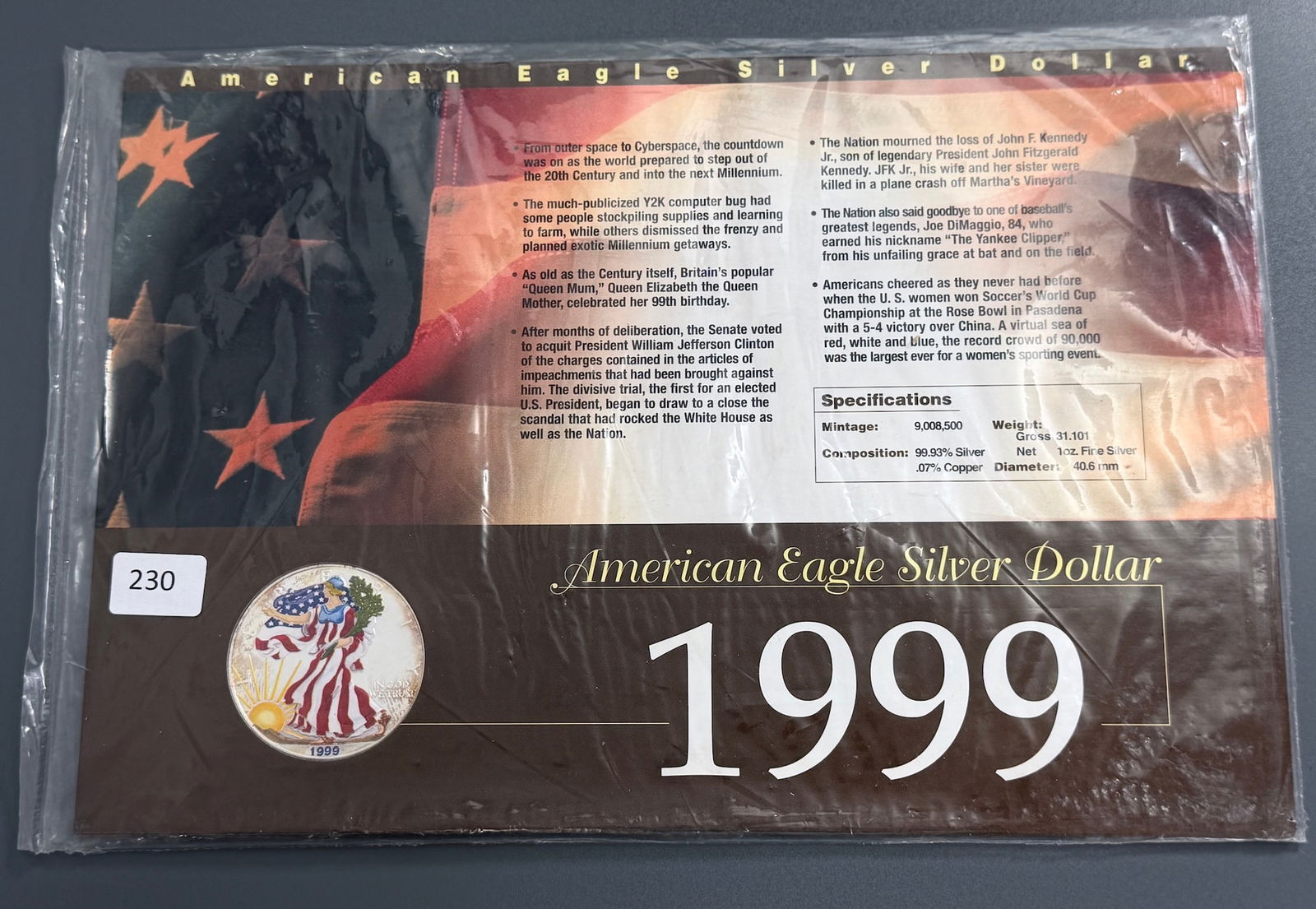 One Oz. Fine Silver Bullion American Eagle One Dollar 99,93 Pure Silver Coin 1999 in Original Card (1 of 4)