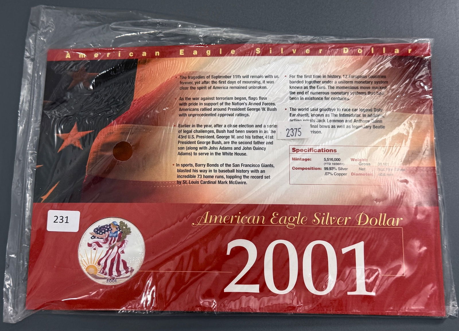 American Eagle Silver Dollar One Oz. Fine Silver Bullion Coin 99,93 Pure Silver 2001 in Original (1 of 4)