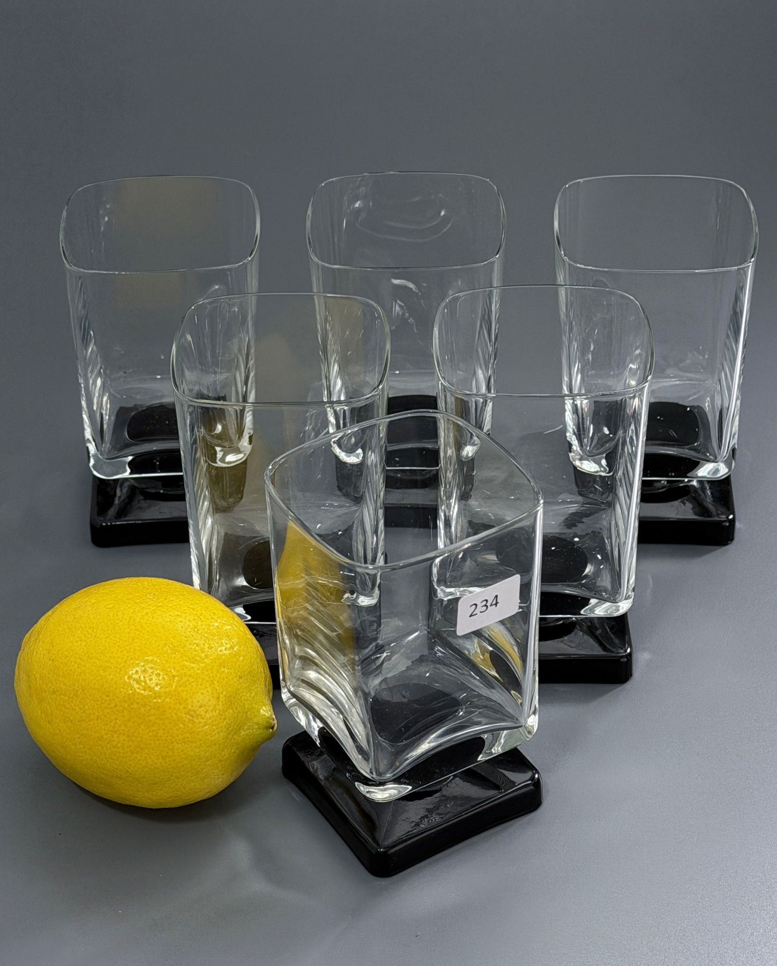 Vintage Barware Art Deco Style French Cristal D Arque Di Saronno Amaretto Set of 6 Square Glasses on: Vintage Barware Art Deco Style French Cristal D Arque Di Saronno Amaretto Set of 6 Square Glasses on Black Base Circa 1970 Approximately 4 inches tall.